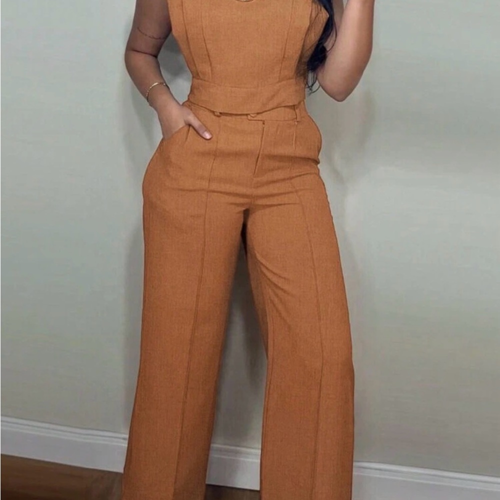 SHEIN 2 piece cap sleeve crop top and casual pocket design straight pants set